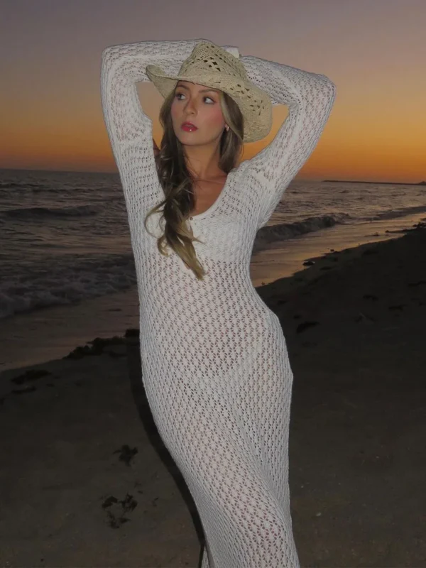 Fashion Cover up Female See-Through Deep V-Neck Hollow-Out Beach - Image 2