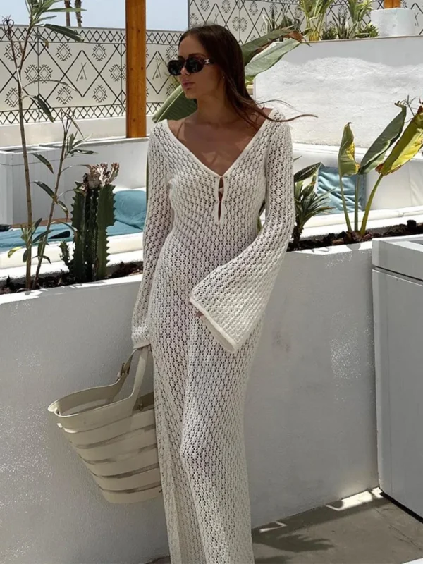 Fashion Cover up Female See-Through Deep V-Neck Hollow-Out Beach